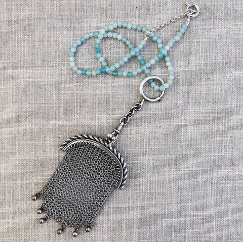 REVIVED - Vintage french Silver Mash Chatelaine Purse on Vintage Silver and Amazonite beads
