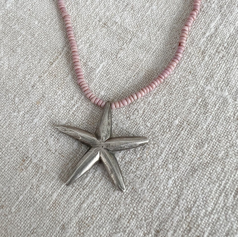 CAST SILVER - Star Necklace on Vintage glass beads - pale pink star