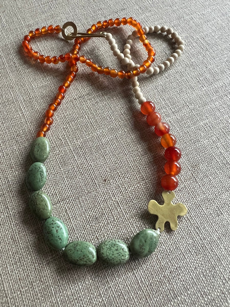 BEADED - Brass flower semi-precious bead necklace in orange and green tones