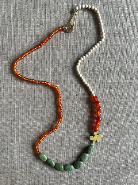 BEADED - Brass flower semi-precious bead necklace in orange and green tones