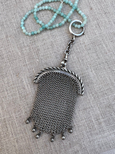 REVIVED - Vintage french Silver Mash Chatelaine Purse on Vintage Silver and Amazonite beads
