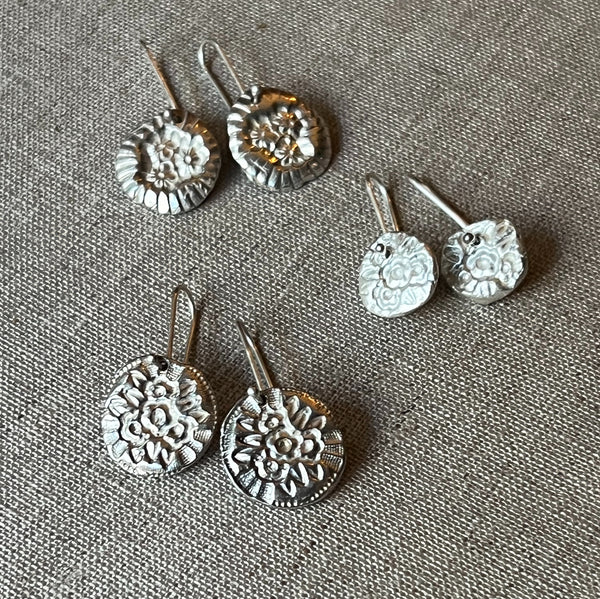 CAST SILVER - silver impressed flower button earrings - hand formed lost wax earrings MMCSE07