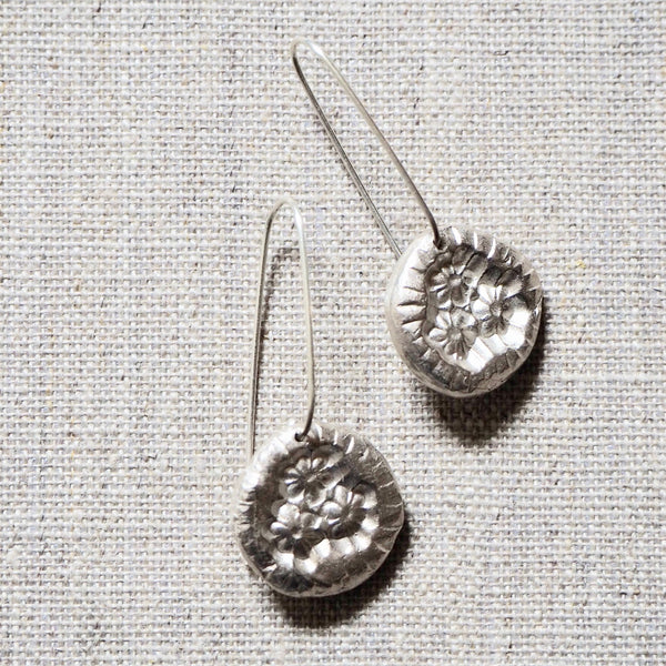 CAST SILVER - silver impressed flower earrings - hand formed lost wax earrings MMCSE05