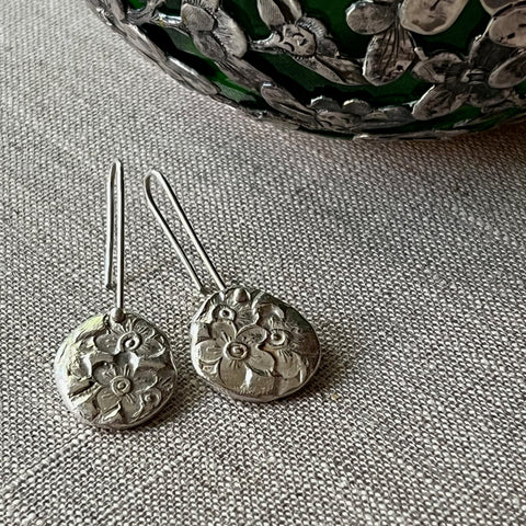 CAST SILVER - silver impressed flower earrings - hand formed lost wax earrings MMCSE06