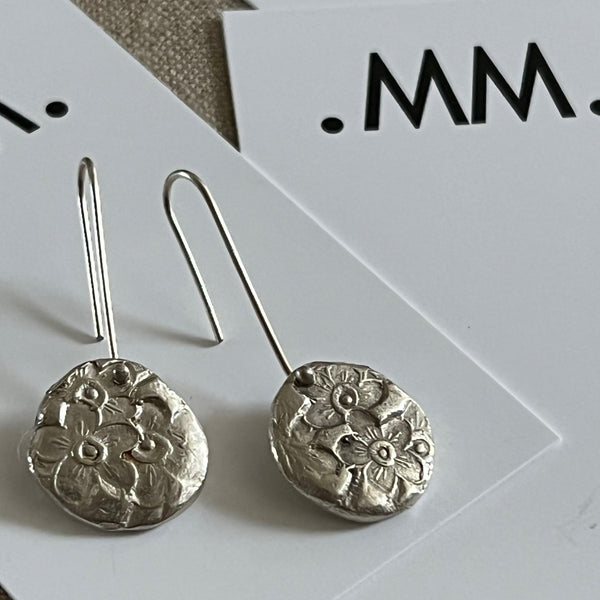 CAST SILVER - silver impressed flower earrings - hand formed lost wax earrings MMCSE06