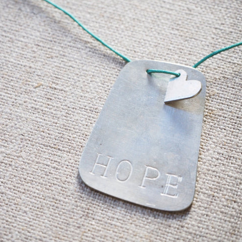 LOVETAGS - HOPE with heart PENDANT MMLT03 on green cord