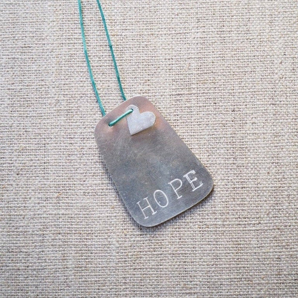 LOVETAGS - HOPE with heart PENDANT MMLT03 on green cord