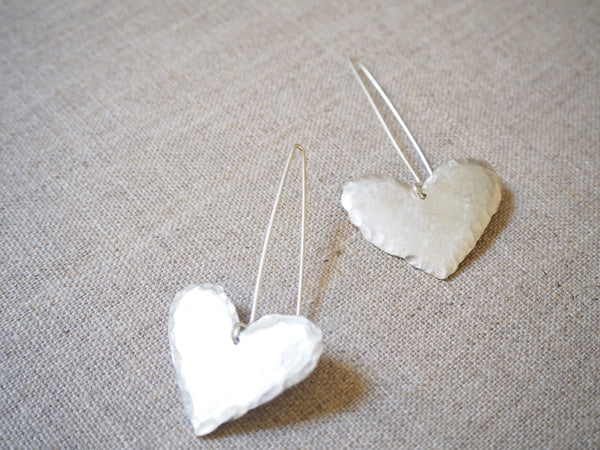 CAST SILVER - silver beaten heart earrings - hand carved lost wax earrings MMCSE01