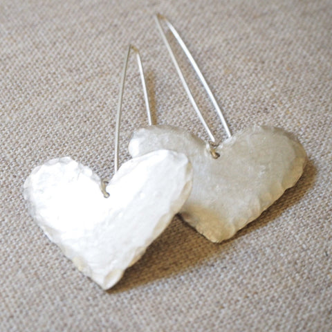 CAST SILVER - silver beaten heart earrings - hand carved lost wax earrings MMCSE01